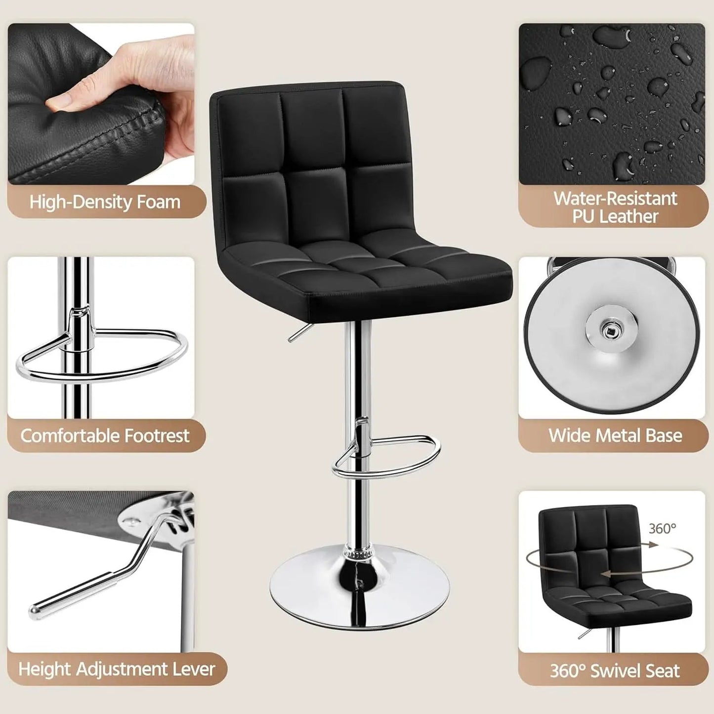 Set Of 2 Adjustable Black PU Leather Swivel Bar Stools from PriceLows™
