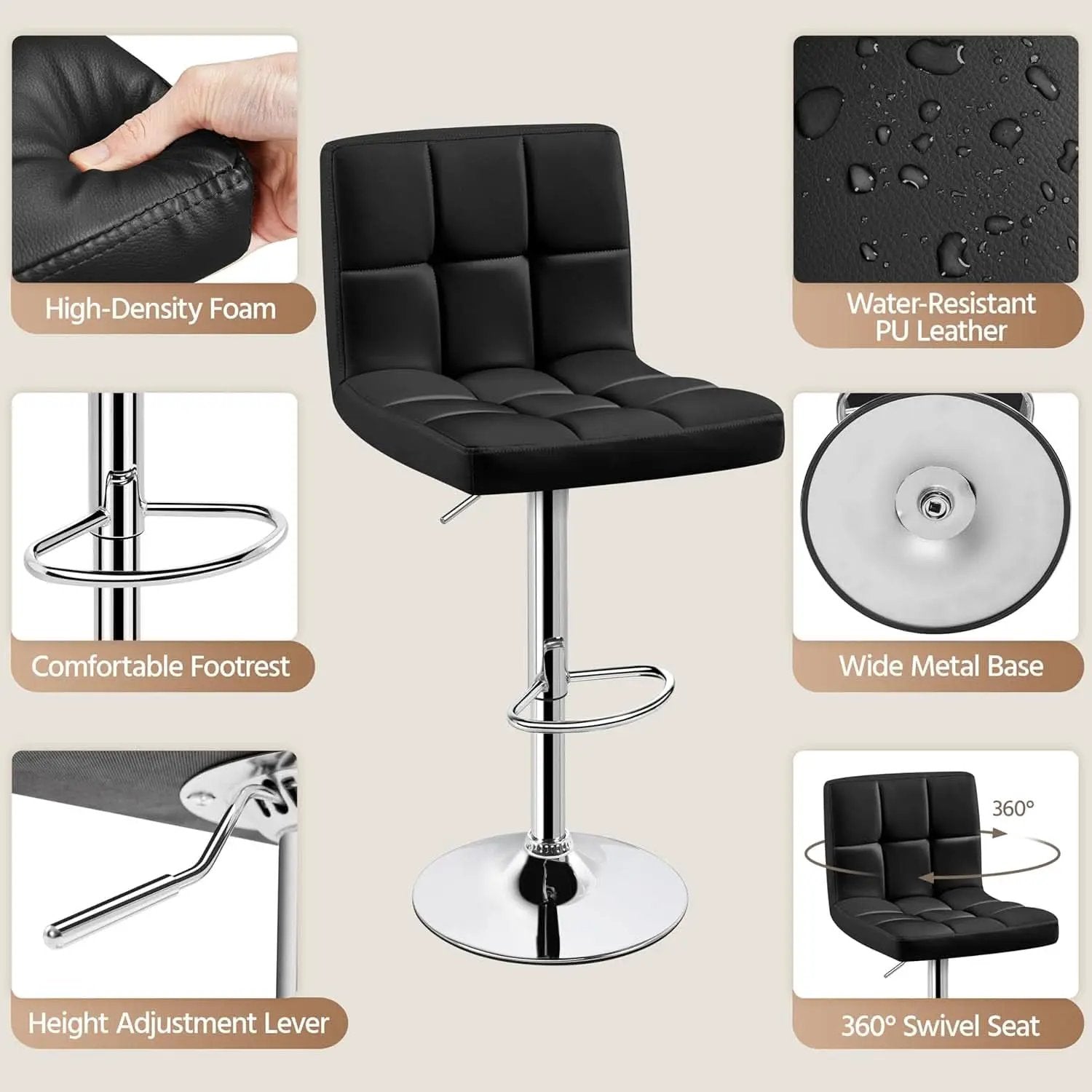 Set Of 2 Adjustable Black PU Leather Swivel Bar Stools from PriceLows™