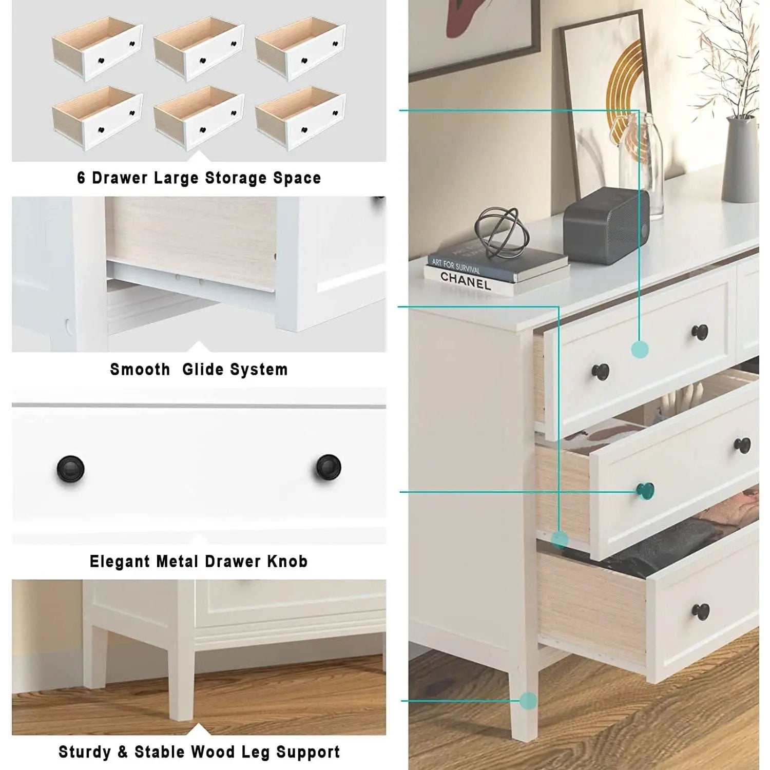 Modern White 6-Drawer Dresser With Metal Handles Bedroom from PriceLows™