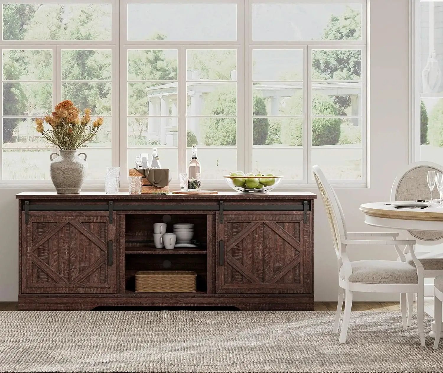 75 Inch Rustic Brown Barn Door TV Stand With Storage from PriceLows™