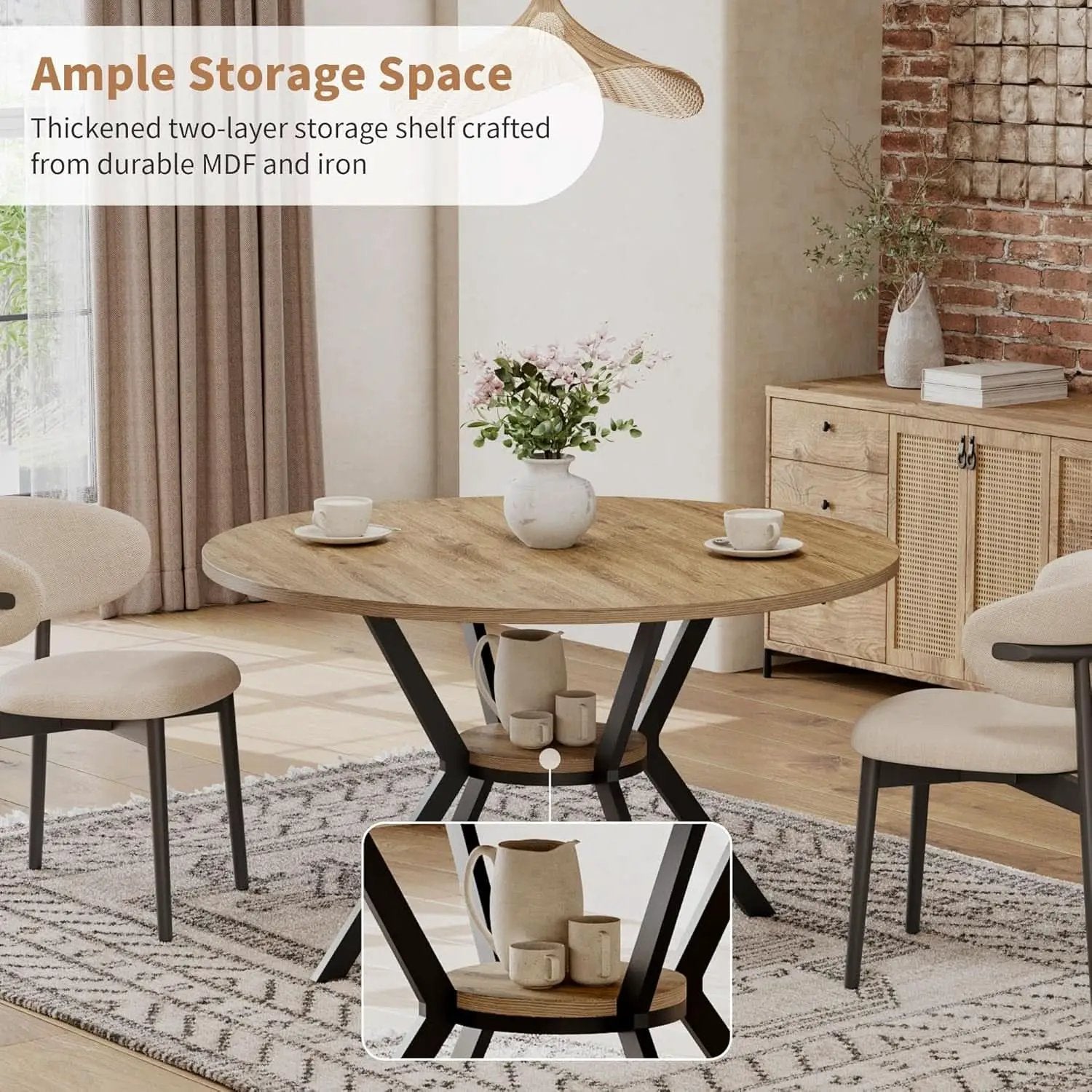 42 Inch Round Farmhouse Dining Table With Compact Storage from PriceLows™