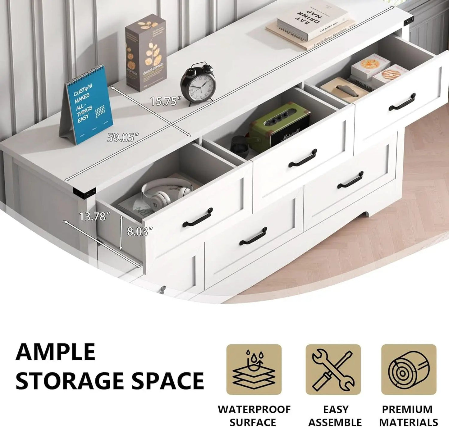 White 59 Inch Premium Modern Multicompartment Dresser from PriceLows™