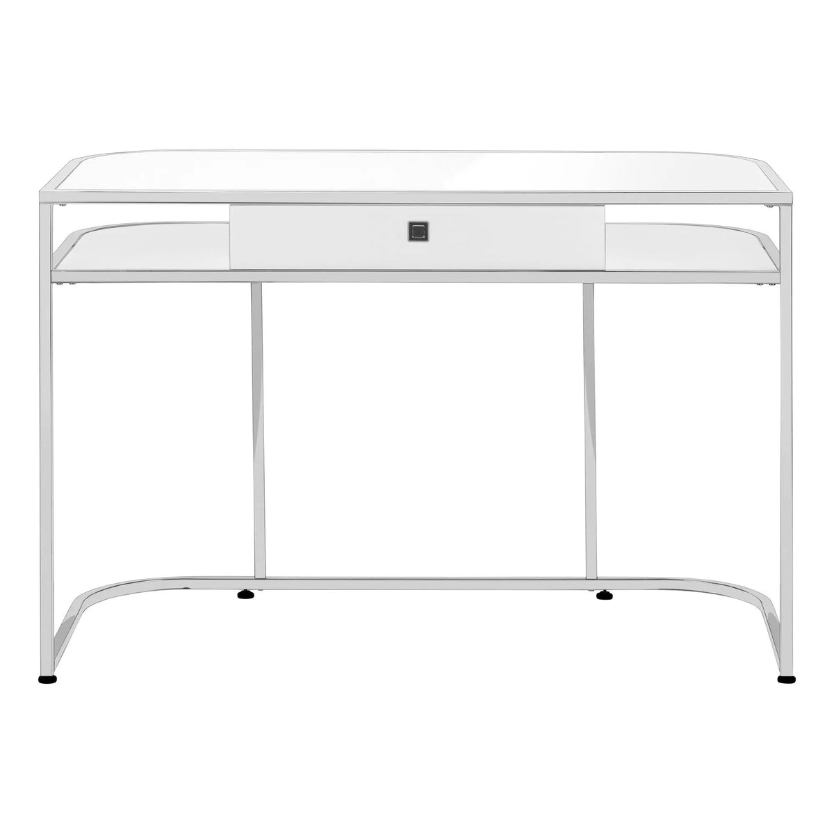 White Computer Desk | Glossy White And Chrome Metal | Storage Drawers | 47.25 Inch Length