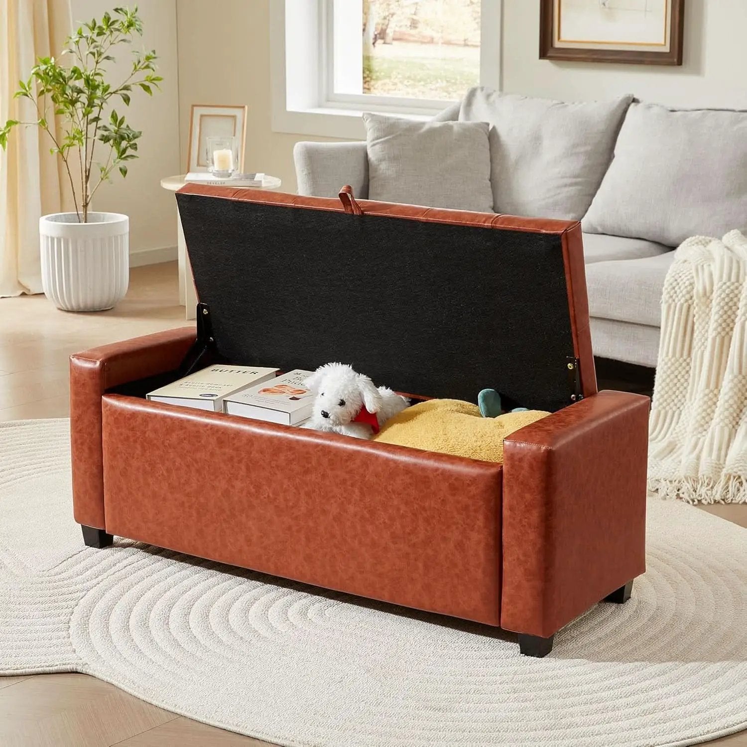 Storage Ottoman Tufted Leather Reddish Brown Bench from PriceLows™