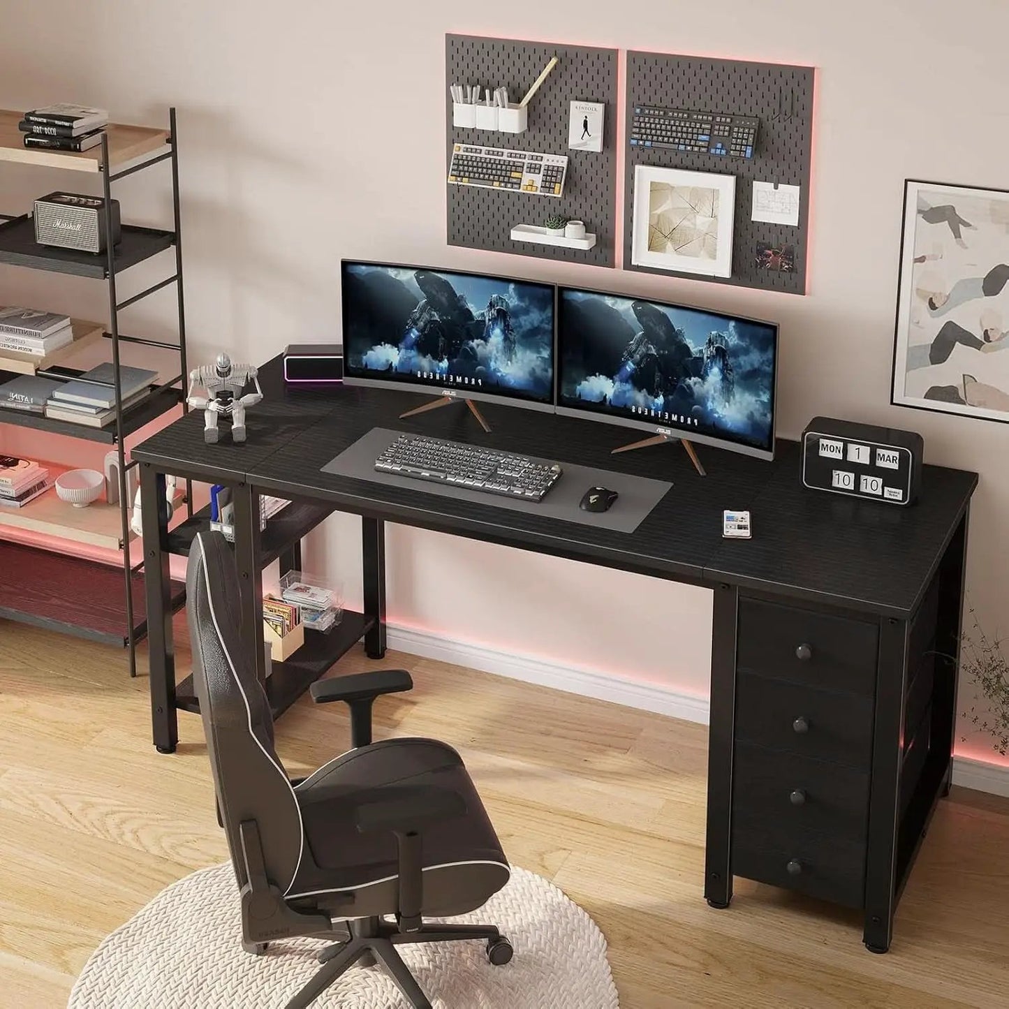 55 Inch Gaming Desk With Fabric Drawers And Shelves Black from PriceLows™
