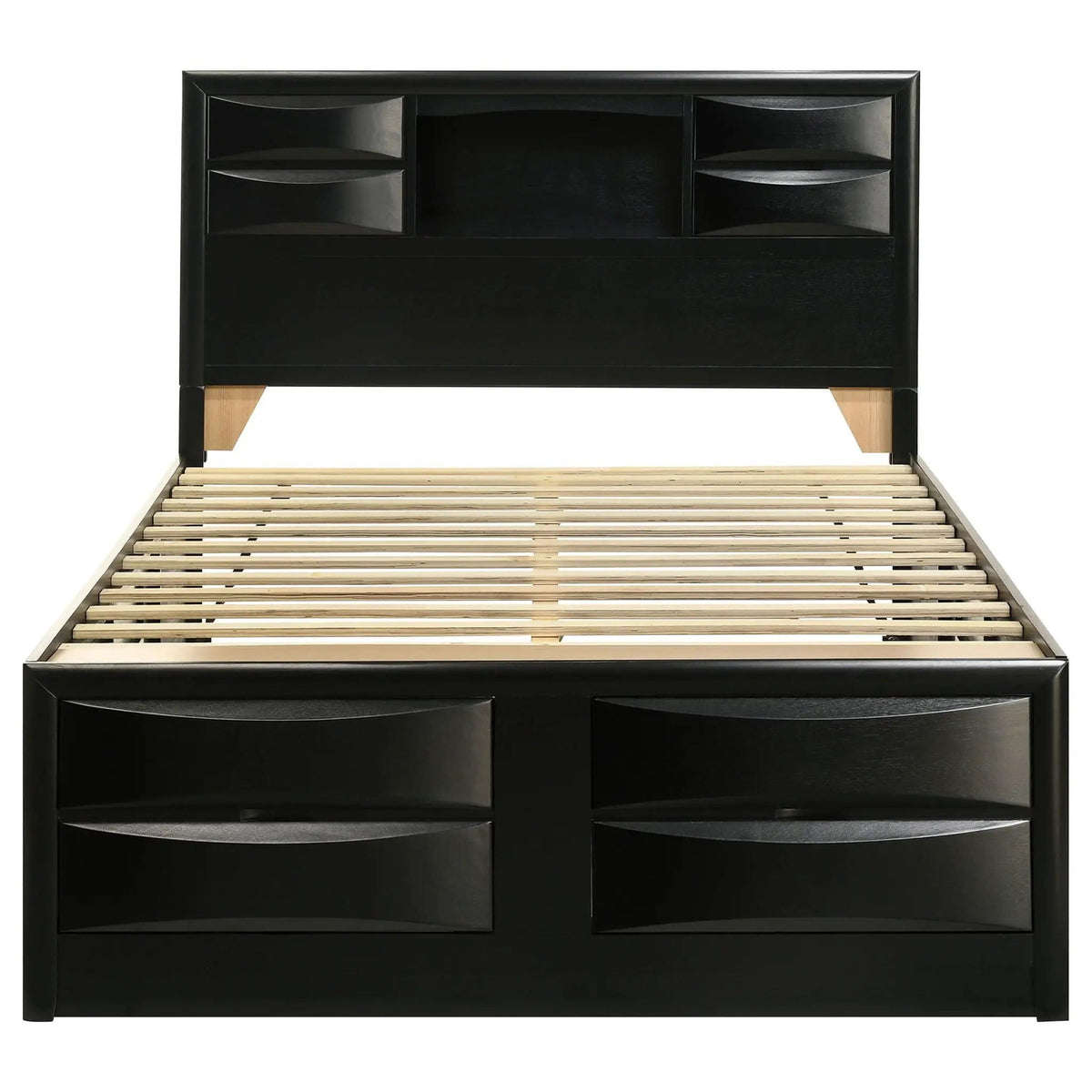 Briana Wood Queen Storage Bookcase Bed | 62.75 x 90.75 x 56 in | Rubberwood & Engineered Wood | Black
