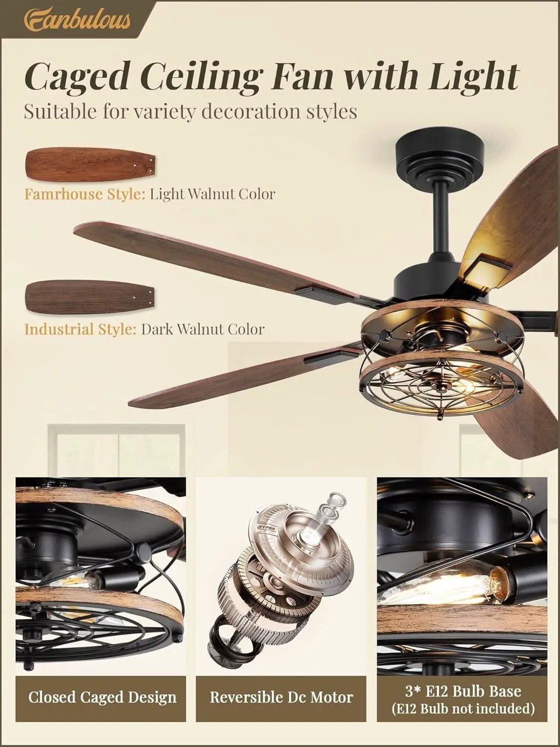 52 Inch Black Farmhouse Ceiling Fan With Light And Remote from PriceLows™