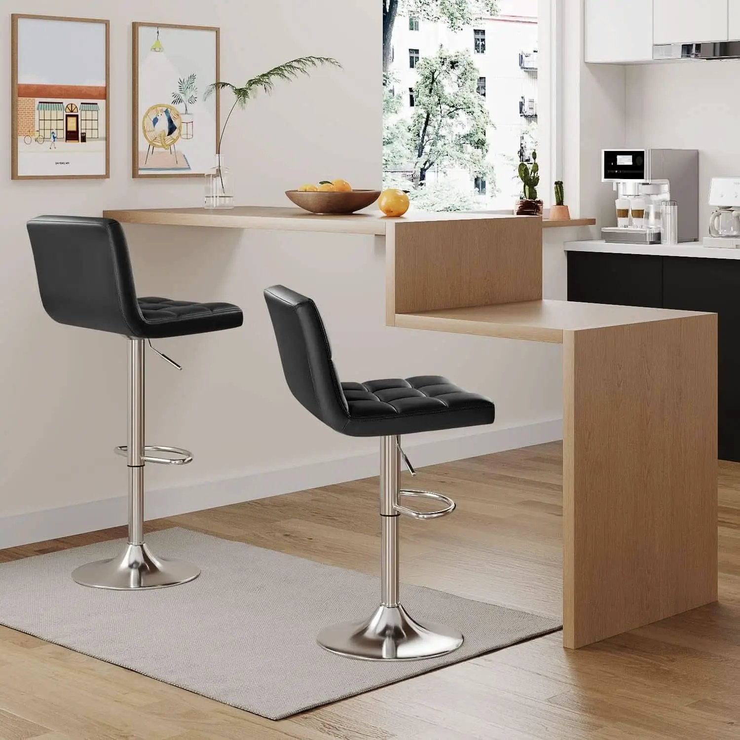 Bar Stools Set Of 2 Black PU Leather Swivel Adjustable Counter Height from PriceLows™