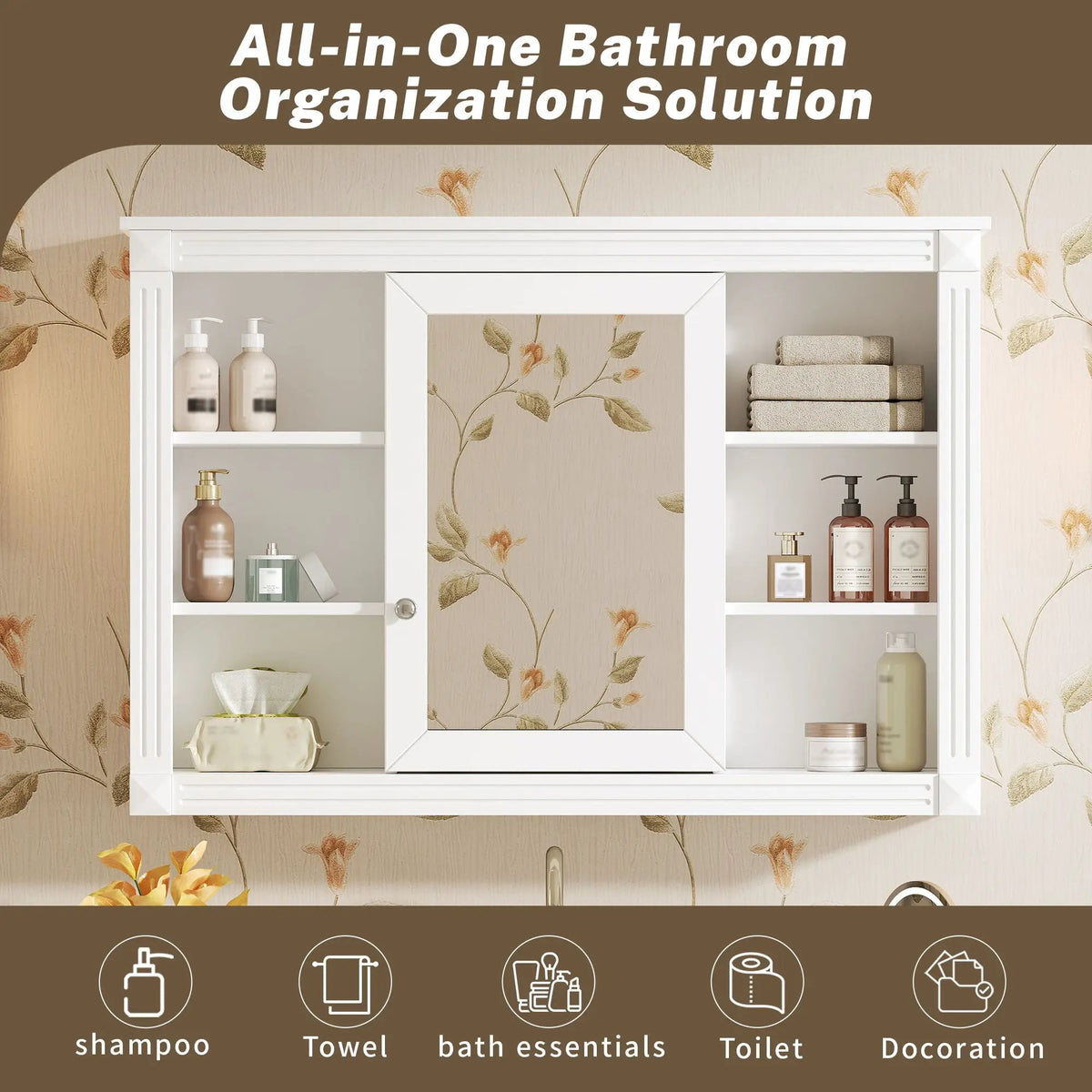 Wall Mount Bathroom Cabinet | With Mirror | 6 Open Shelves | White