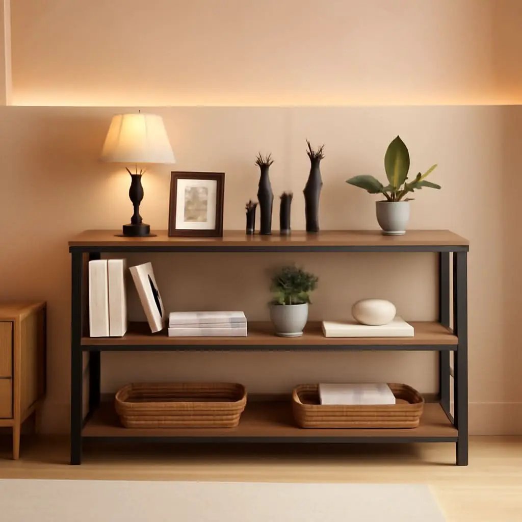 Rustic Wood Console Table With Three Shelves Metal Frame from PriceLows™