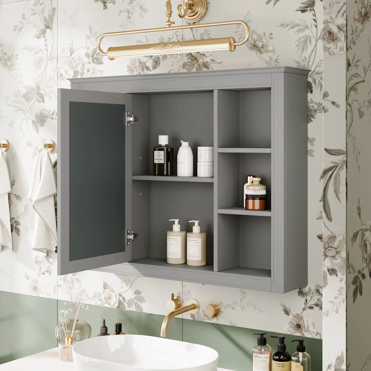 Wall Mounted Medicine Cabinet | Adjustable Interior | 6 Open Shelves