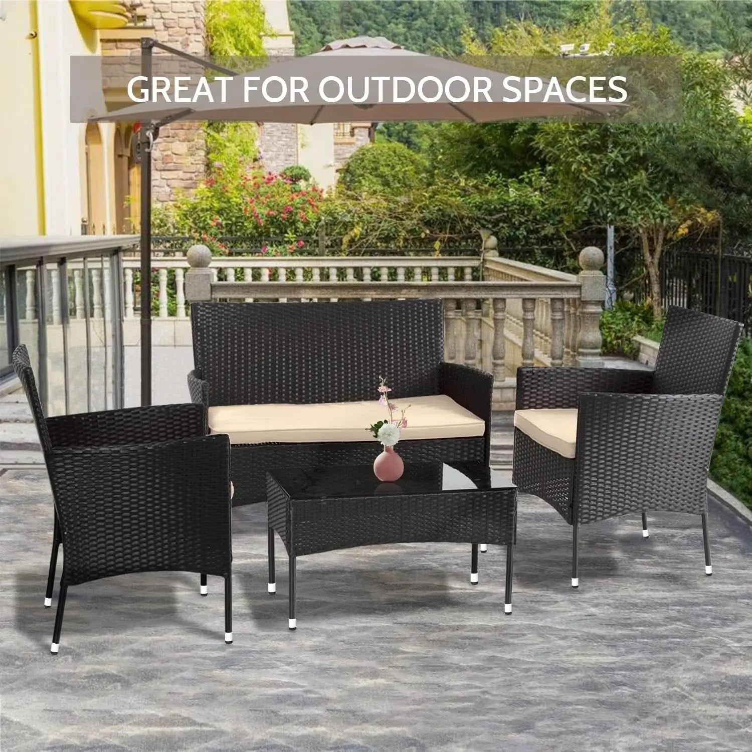 Outdoor Rattan 4 Piece Patio Furniture Conversation Set from PriceLows™