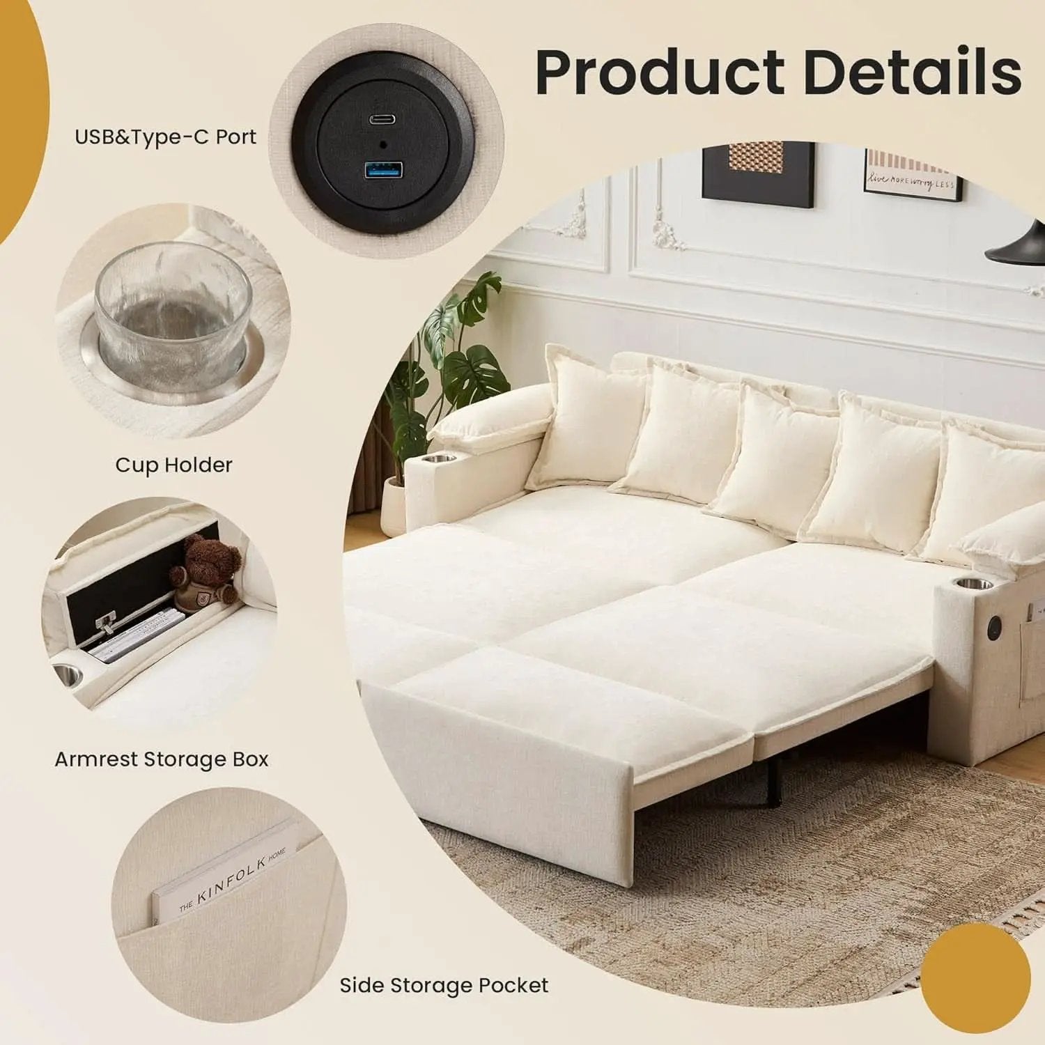 King Size Beige Ultra Luxurious Sleeper Sofa USB Ports Pro from PriceLows™