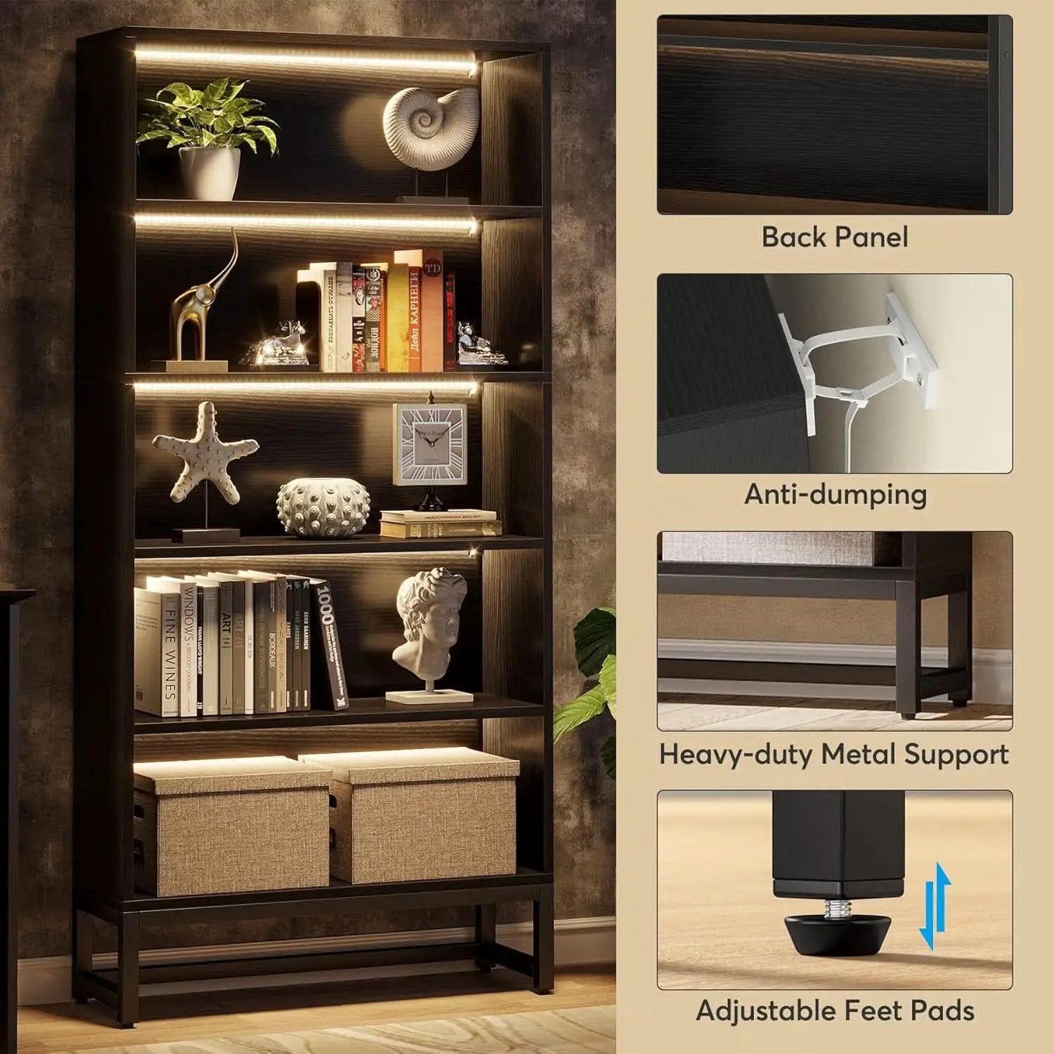 Tall Bookcase 70.8 Inch Led Lights For Living Room from PriceLows™