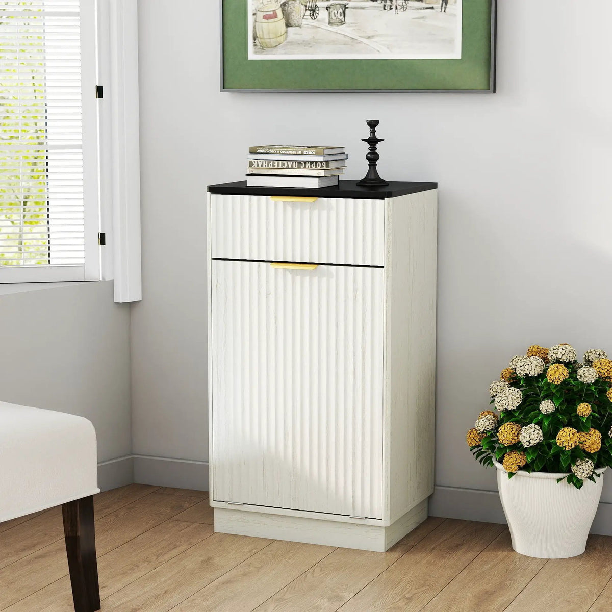Tilt Out Trash Can Cabinet | Wave Textured Drawer | Pull Out Bin | Dual-Zone Waste Control
