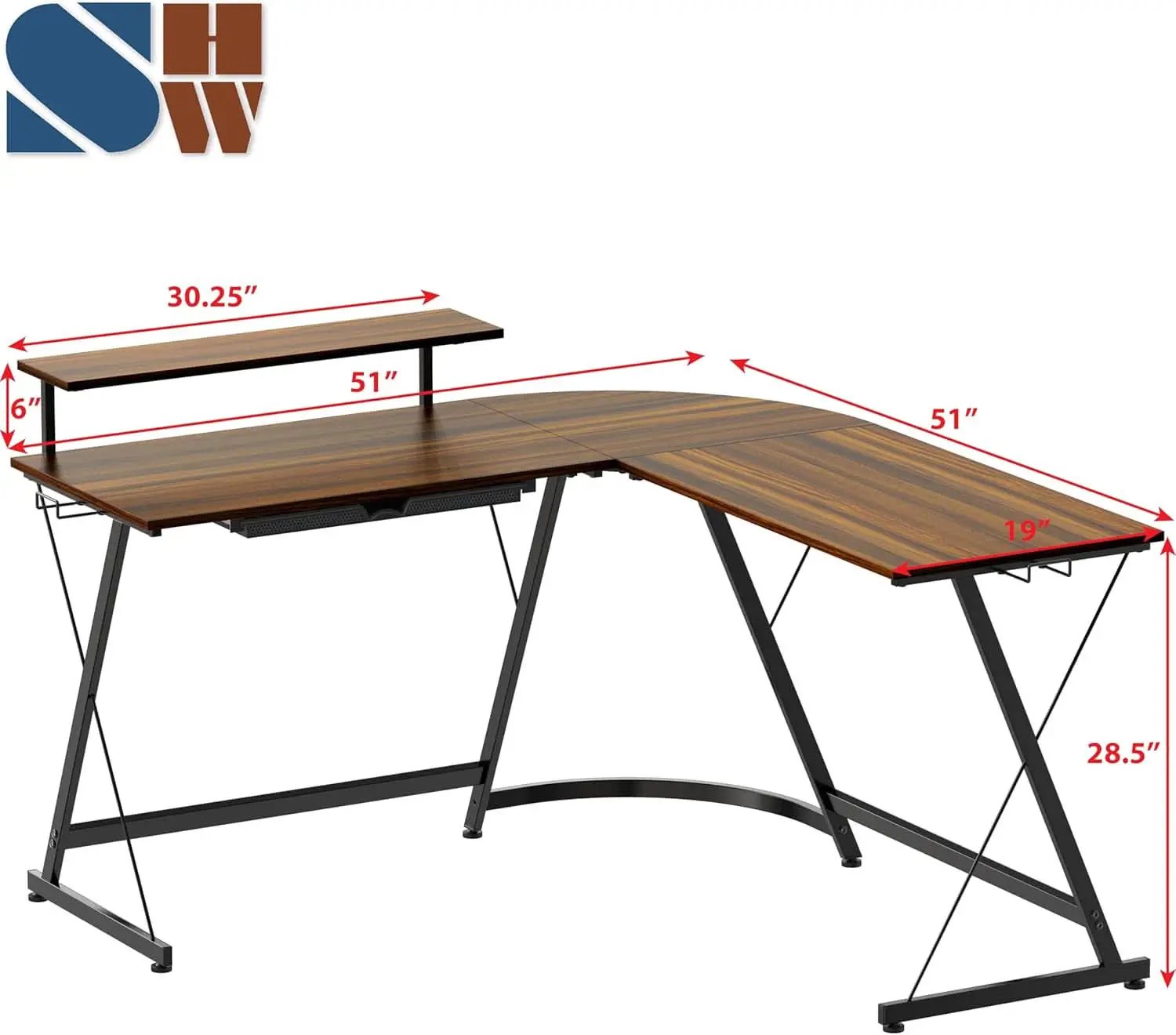 Vista L Shape Desk With Monitor Stand Walnut Finish from PriceLows™
