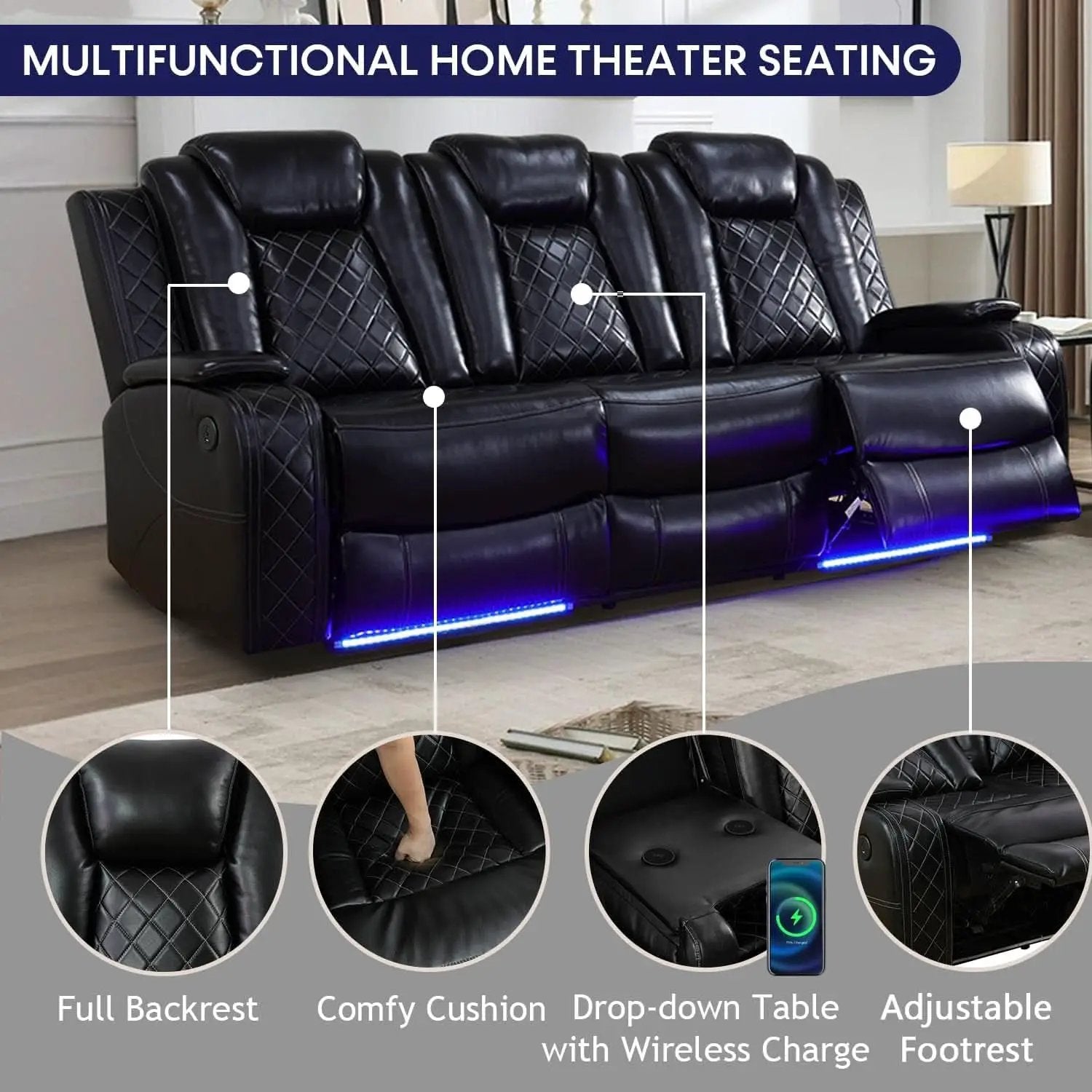 Power Recliner Sofa With LED Lights Black Leather 2 Piece from PriceLows™