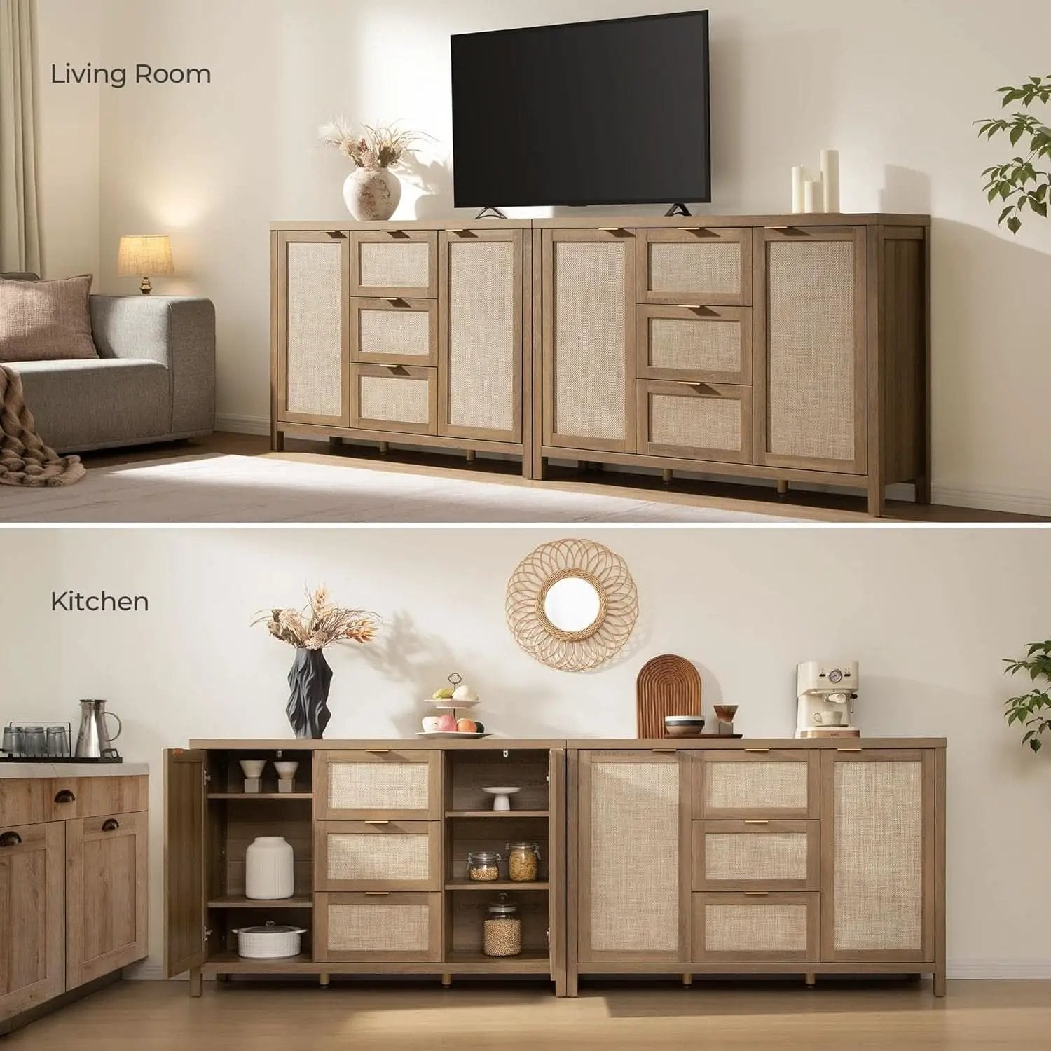 Caramel Oak Rattan Large Sideboard Buffet Storage Cabinet from PriceLows™
