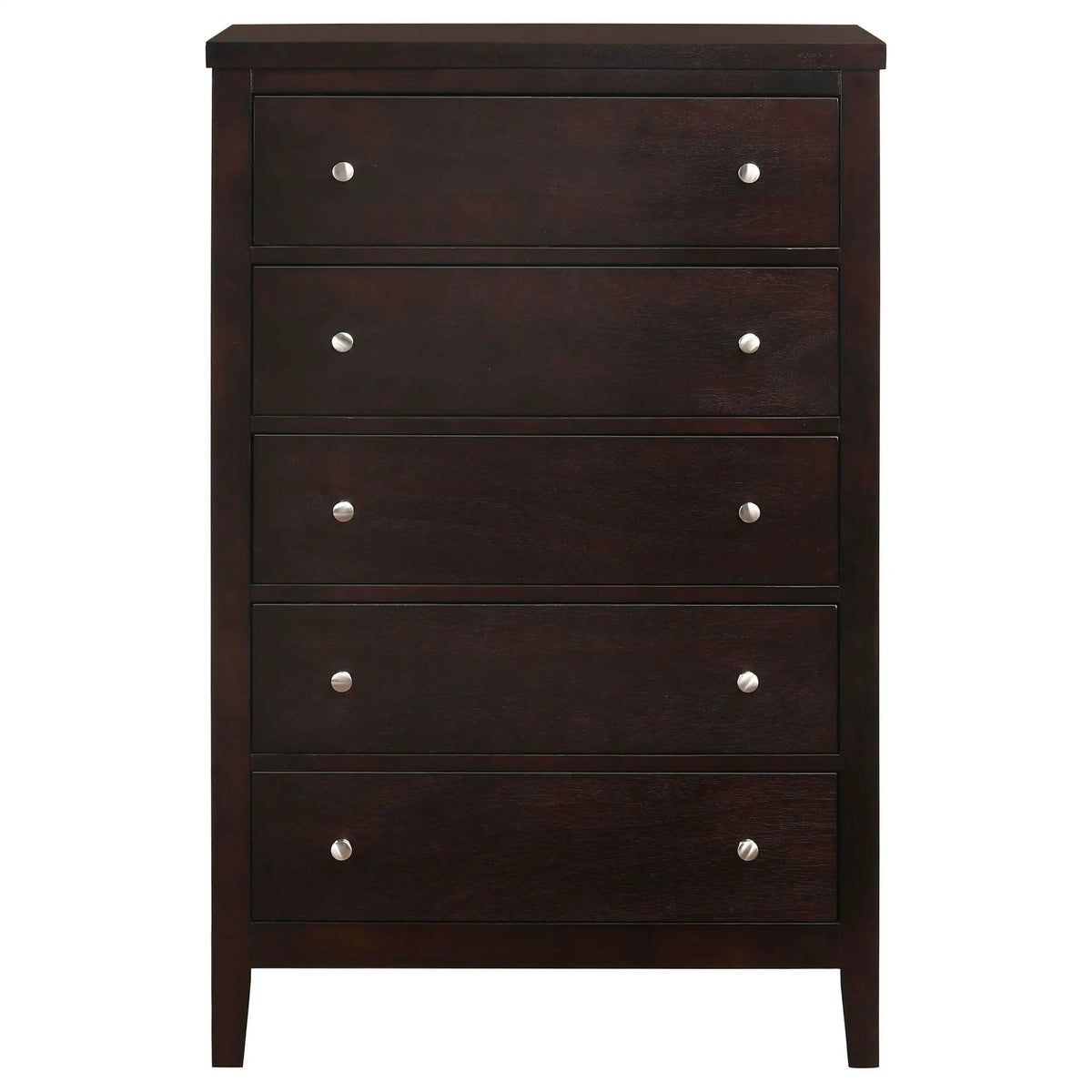 Carlton 5-drawer Bedroom Chest | 29.75 x 15.25 x 48.25 in | Rubberwood & Engineered Wood | Cappuccino