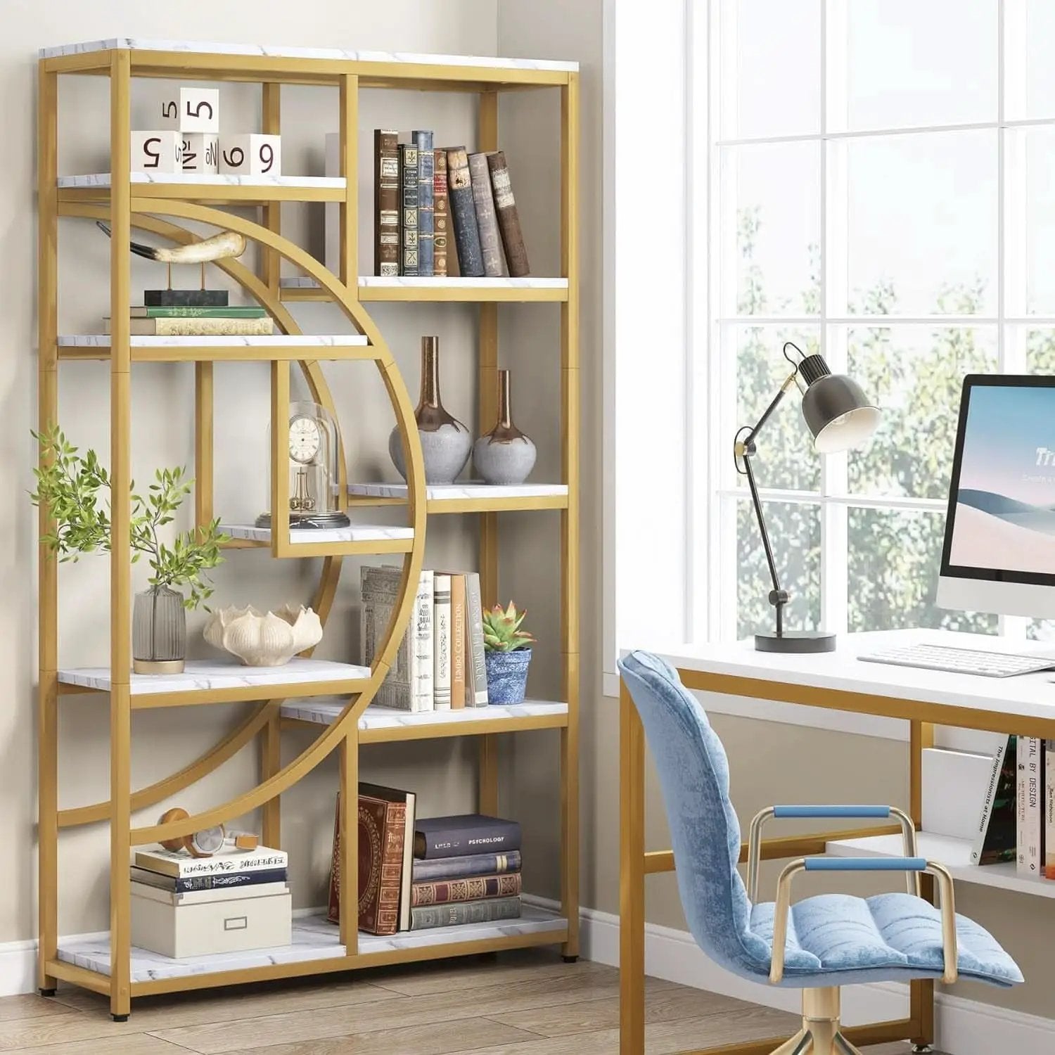 Industrial 5 Tier Etagere Bookcase Gold Frame Shelves from PriceLows™
