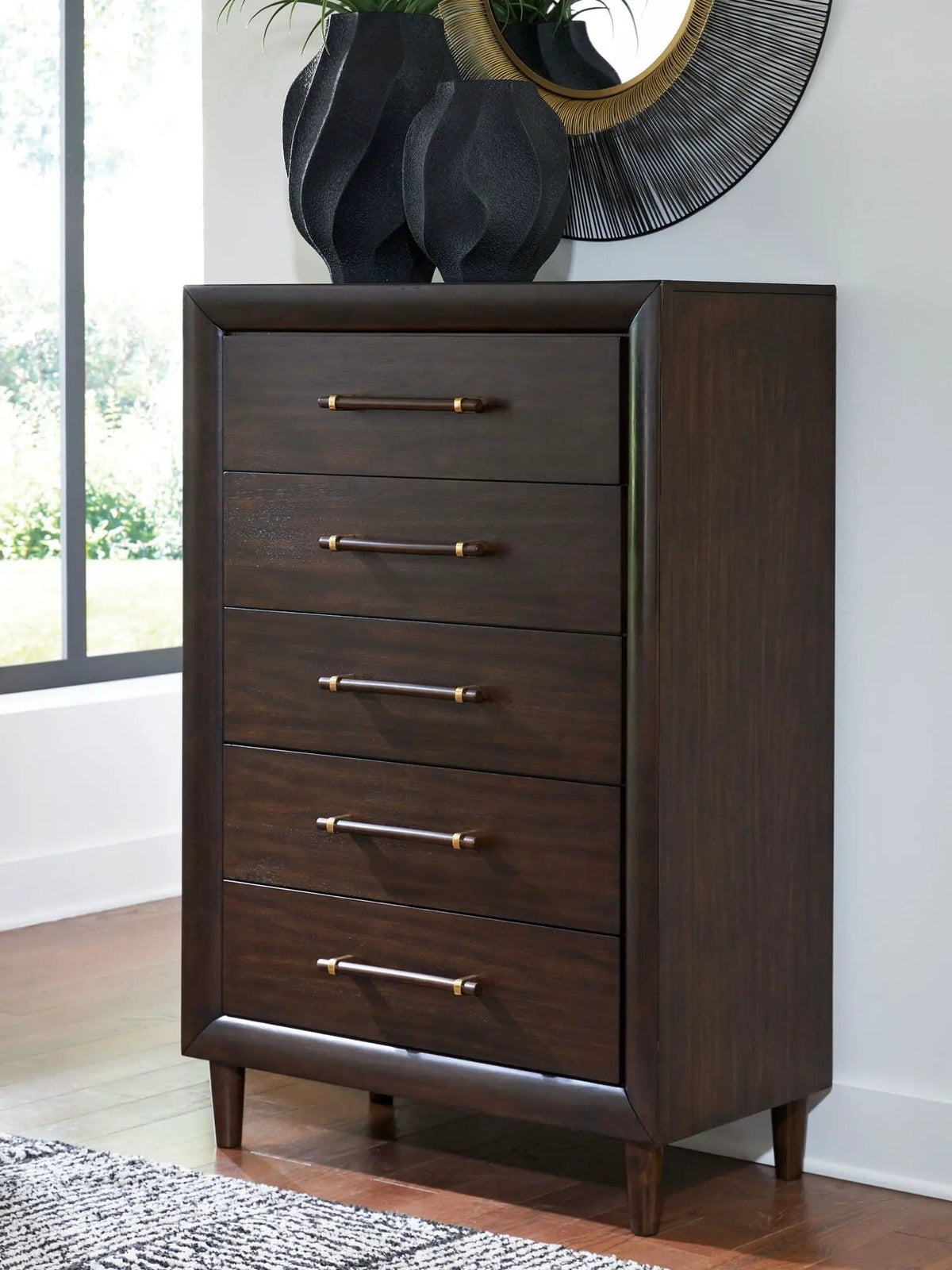 Dantenton Five Drawer Chest | 36.38 x 18 x 53.5 in | Mango Wood & Metal | Merlot