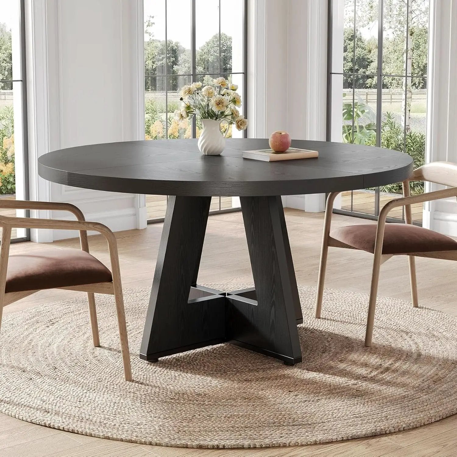 47 Inch Round Dining Table Black With Wooden Pedestal Base from PriceLows™
