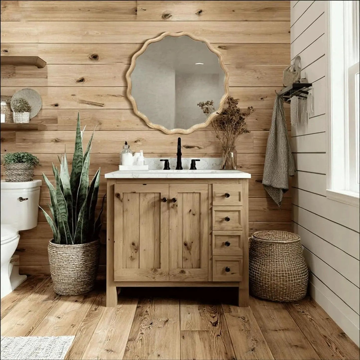 Round Wood Wall Mirror 24 Inch Shatterproof Glass Mounted from PriceLows™