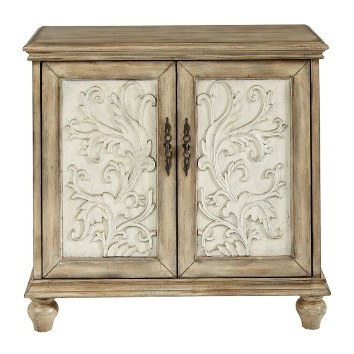 Driscoll 2 Door Cabinet | Carved Floral Front | Reclaimed Natural Finish | Magnetic Door Catches