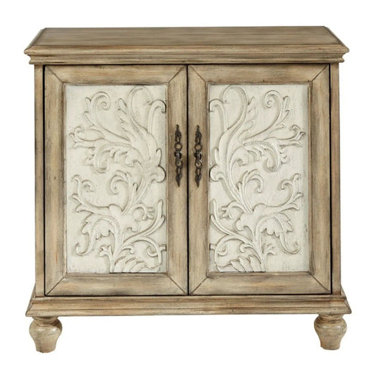 Driscoll 2 Door Cabinet | Carved Floral Front | Reclaimed Natural Finish | Magnetic Door Catches