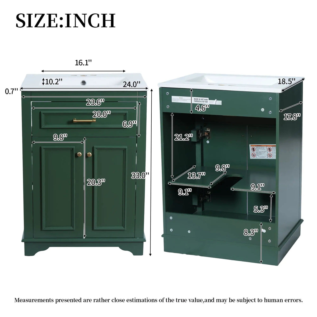 Bathroom Vanity With Integrated Sink, 2 Door Cabinet With Tip Out Drawer | 3 Pieces | Solid Wood & Iron | Bathroom