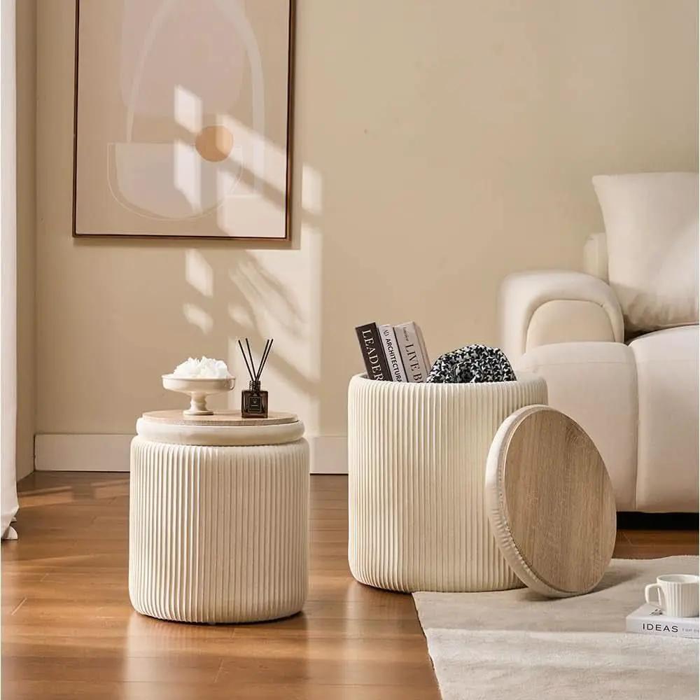 White Storage Ottoman Round Velvet Upholstered Set from PriceLows™