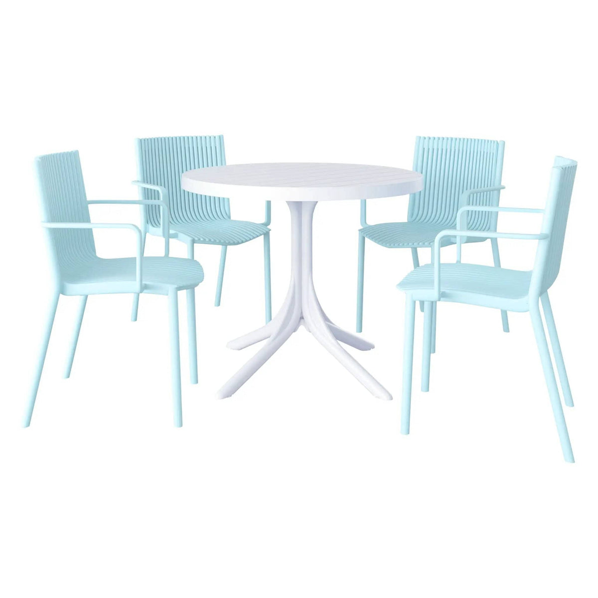 4 Modern Stackable Plastic Armchair Matched With Round Table 5 Piece Outdoor Set | 5 Piece Outdoor Set | Outdoor Living Furniture | Outdoor Living