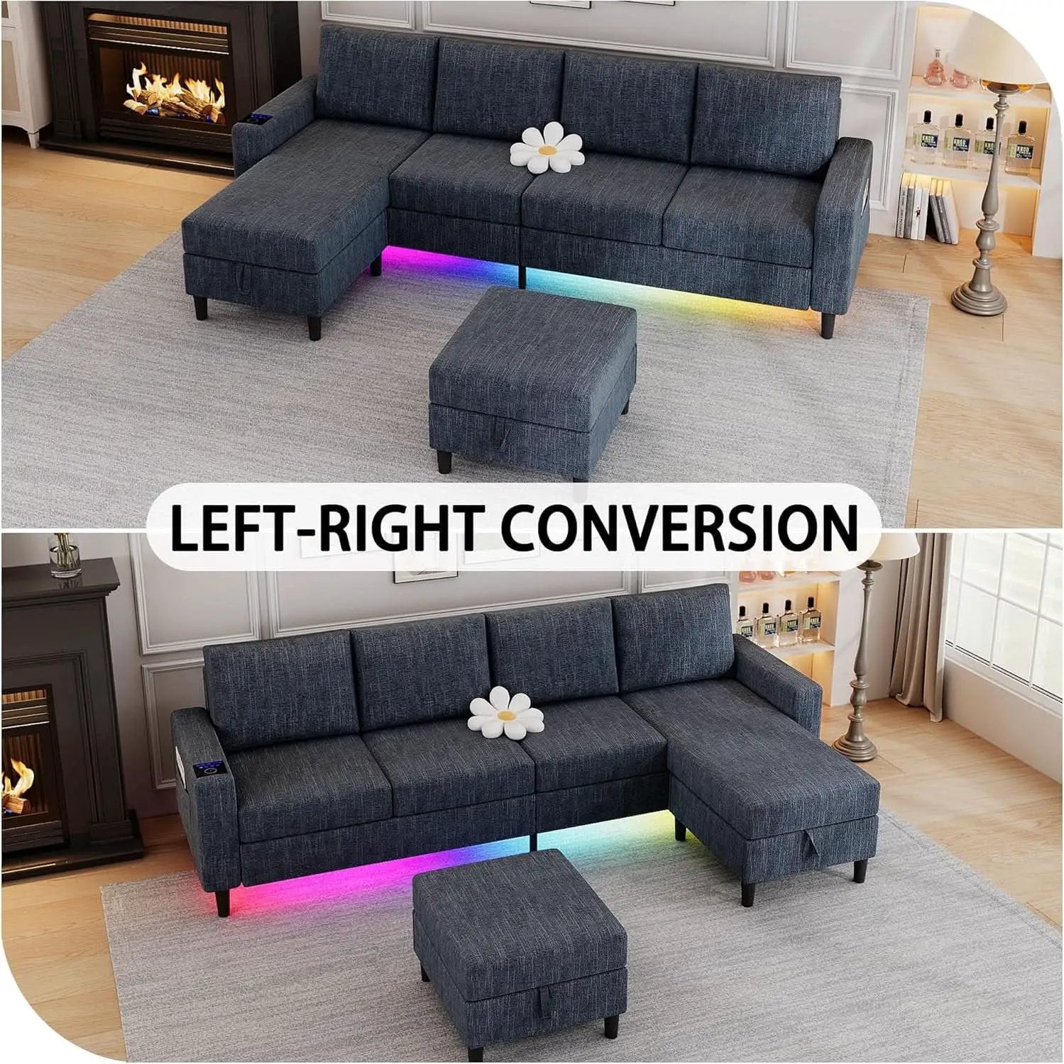 Blue Sectional Sofa With Reversible Chaise And Ottoman from PriceLows™