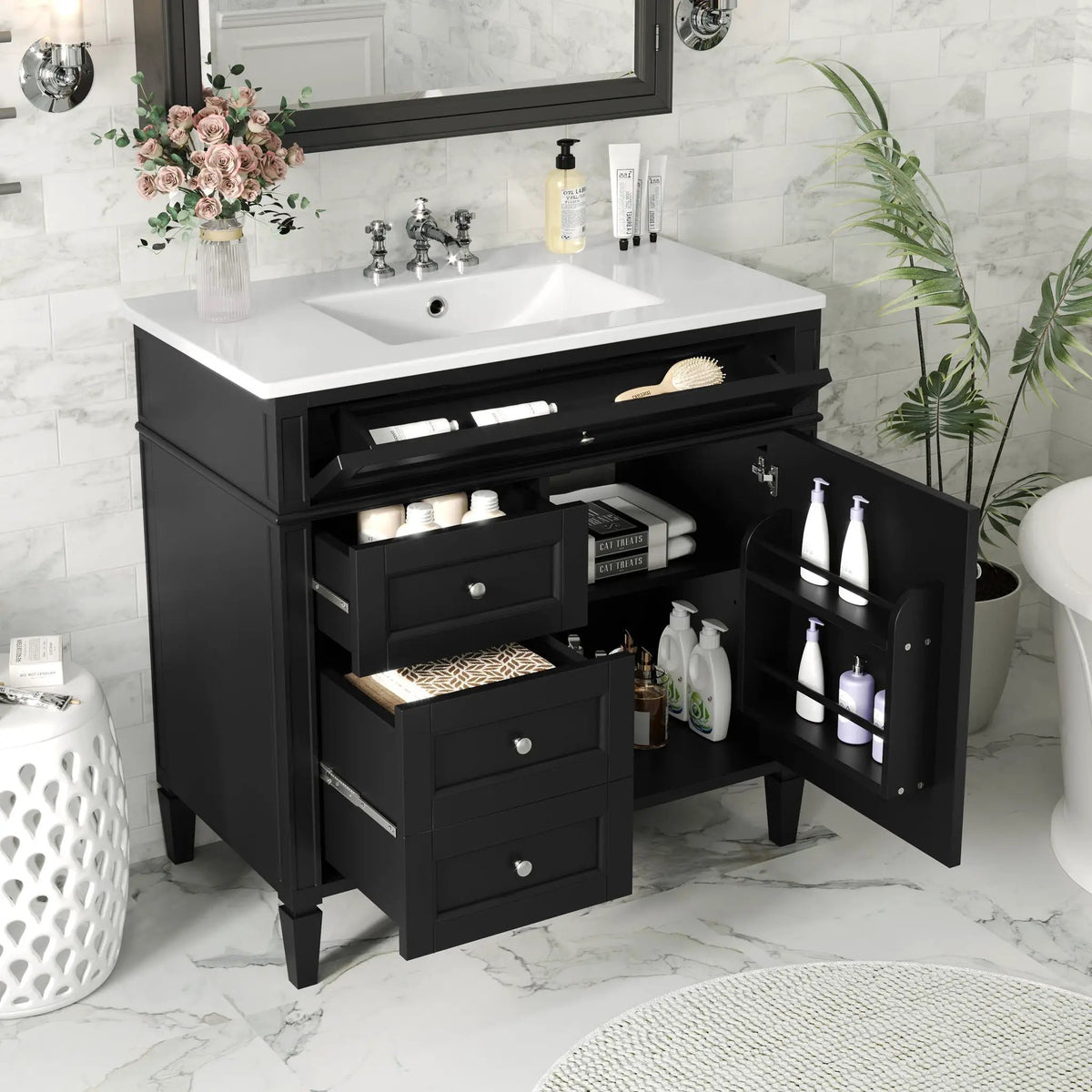 36 Inch Bathroom Vanity With Top Sink | 3 Drawers | Metal Drawer Slides | Ceramic Sink
