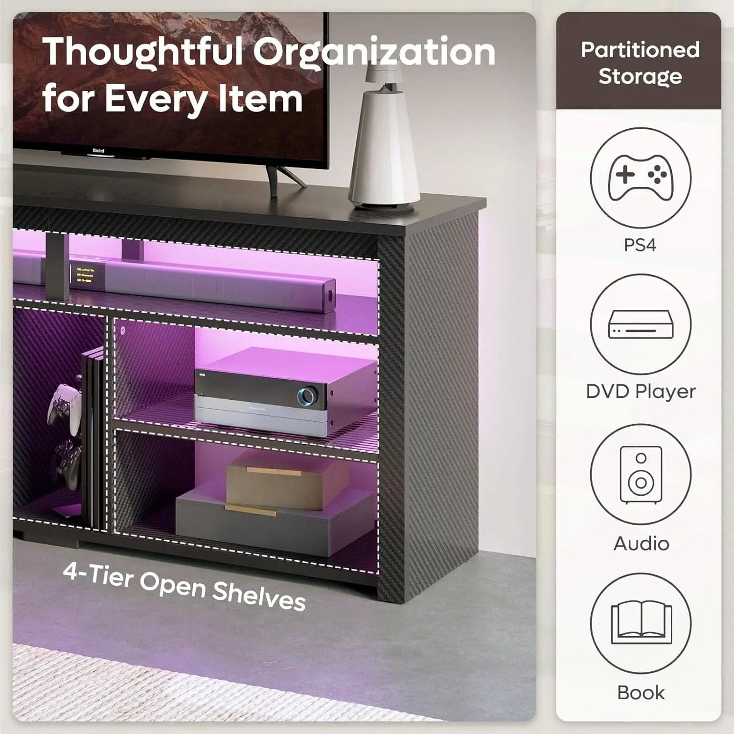 LED Tall TV Stand For 55-65 TV With Adjustable Shelves from PriceLows™