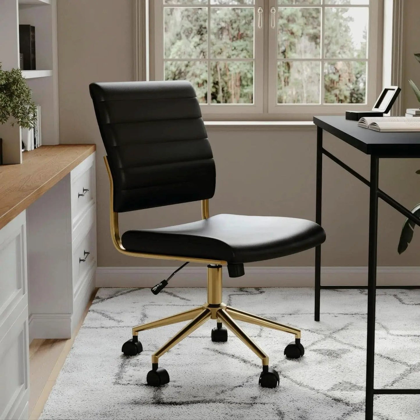 Armless Swivel Task Chair Black Faux Leather Brass Frame from PriceLows™