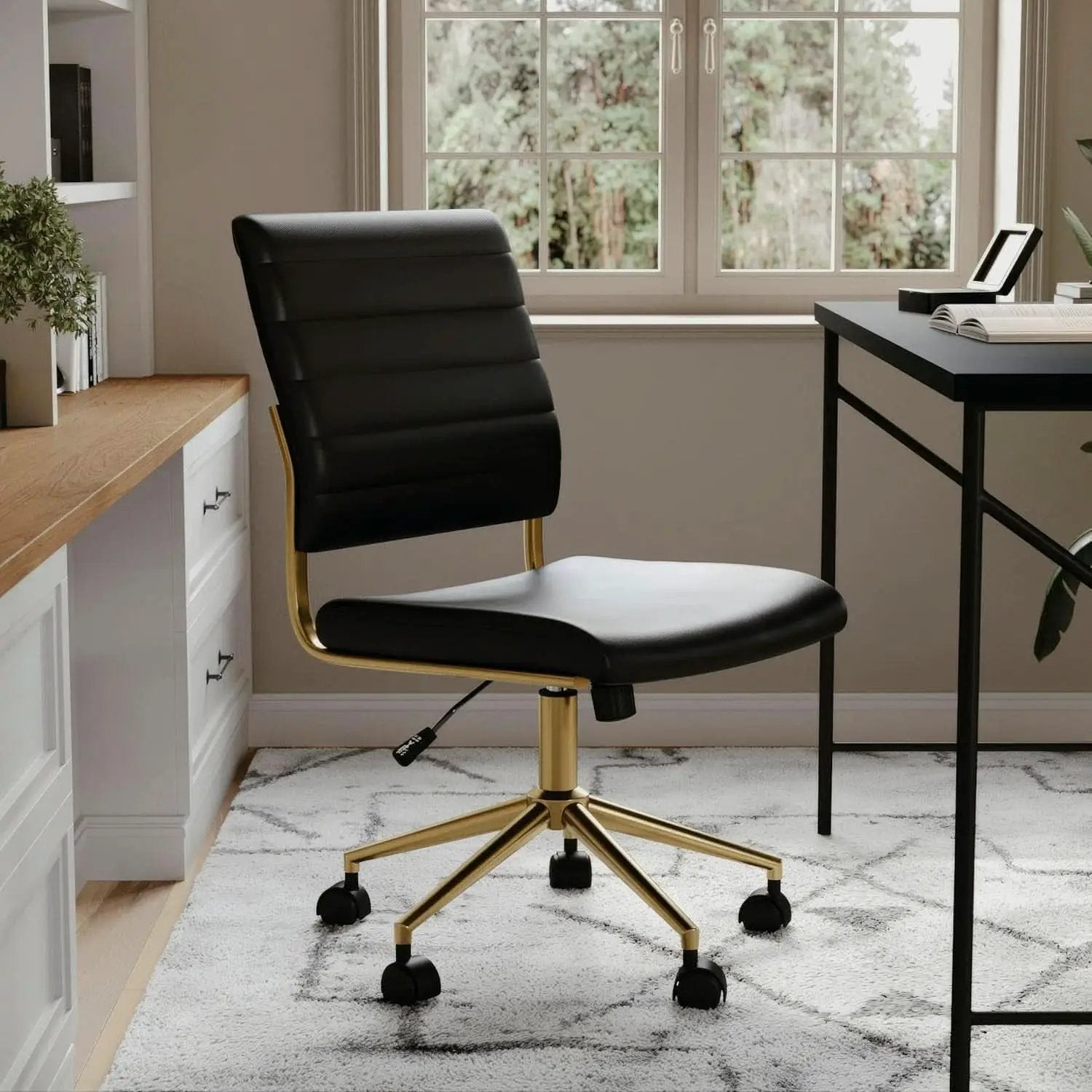 Armless Swivel Task Chair Black Faux Leather Brass Frame from PriceLows™