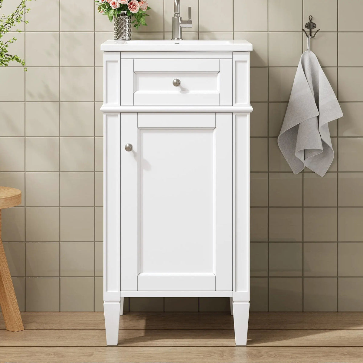 French Style Bathroom Vanity | Integrated Ceramic Sink | Fluted Panels | Solid Wood Legs