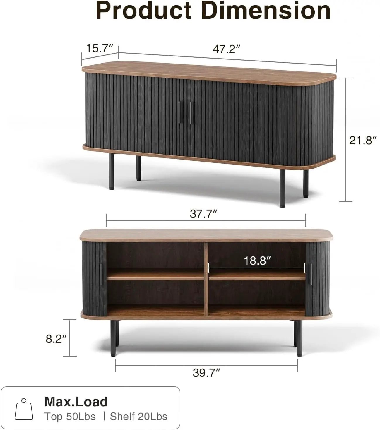 47 Inch Black TV Stand With Sliding Doors And Storage from PriceLows™