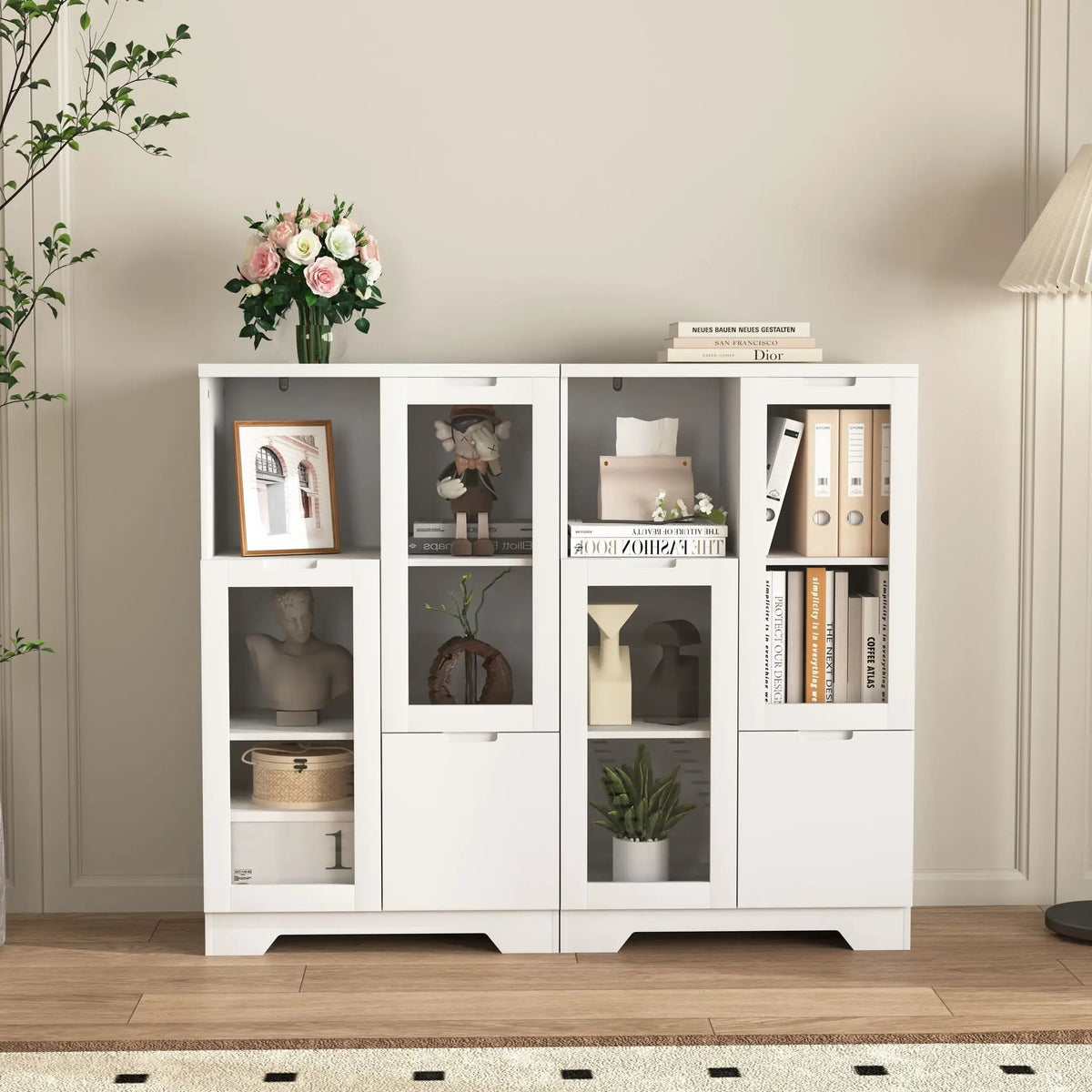 Modern Storage Cabinet | Adjustable Shelves | Double Glass Doors | Gray