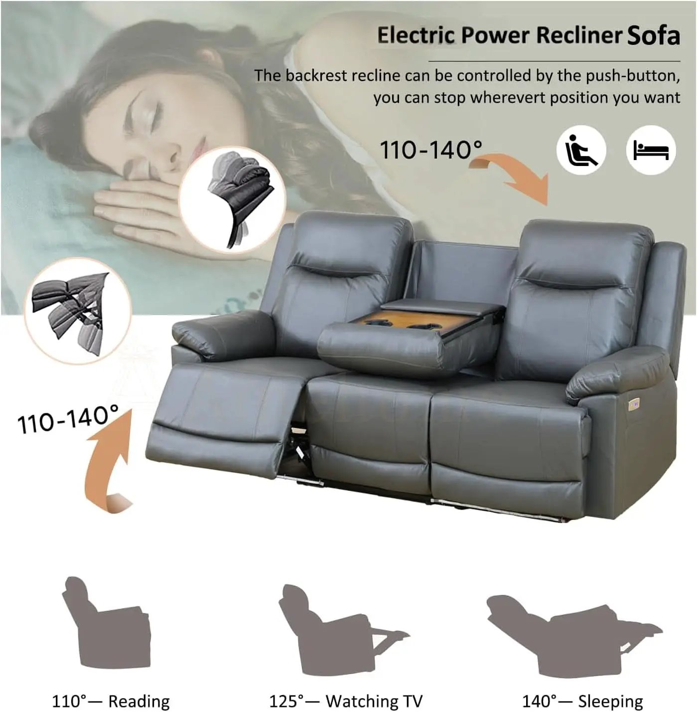 Power Leather Recliner Sofa Set Grey LED Lights Modern from PriceLows™