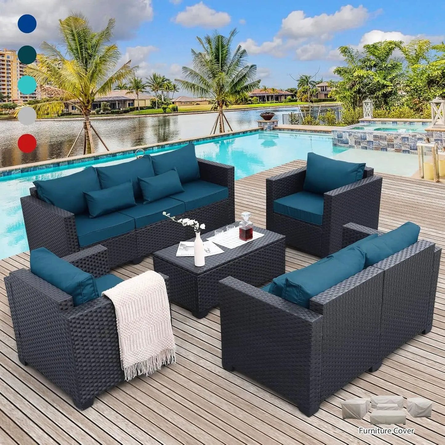 Peacock Blue 5 Piece Patio Furniture Set With Anti Slip Cushions And Covers from PriceLows™