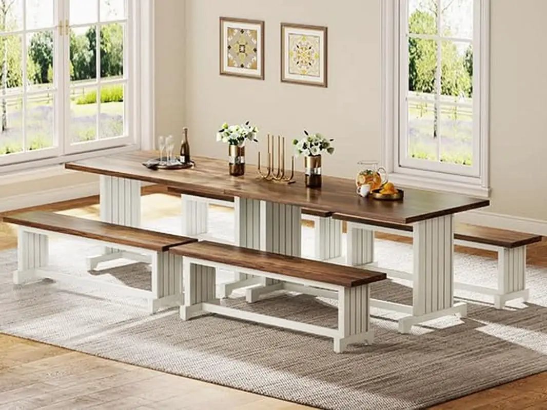 47 Inch Dining Table Set For 4 With 2 Benches Farmhouse White And Rustic Brown from PriceLows™