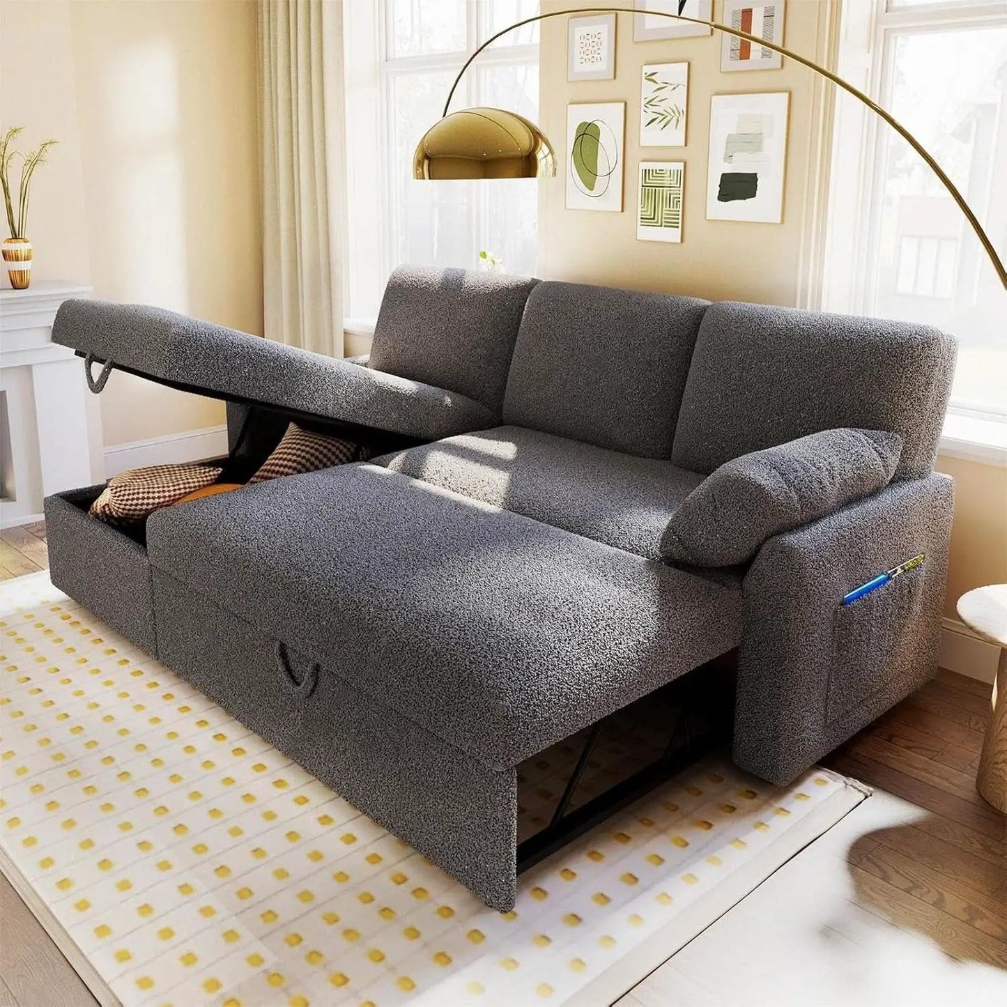 Grey Boucle Upholstered Convertible Sofa Bed Storage from PriceLows™