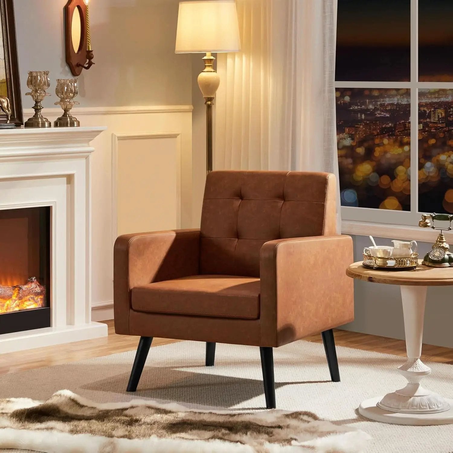 Brown PU Leather Midcentury Upholstered Ergonomic Armchair from PriceLows™