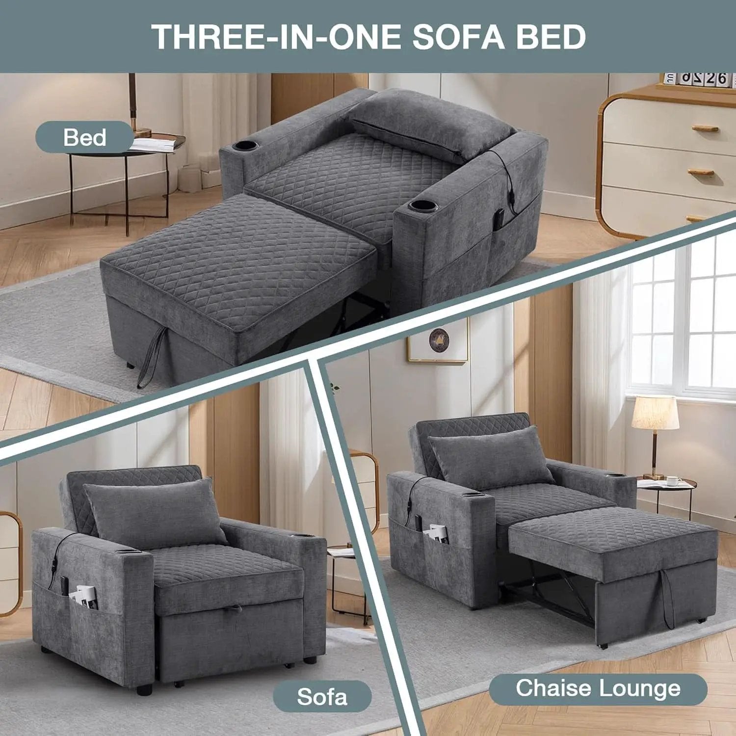 Light Grey Multifunctional Convertible Sofabed With Massage from PriceLows™