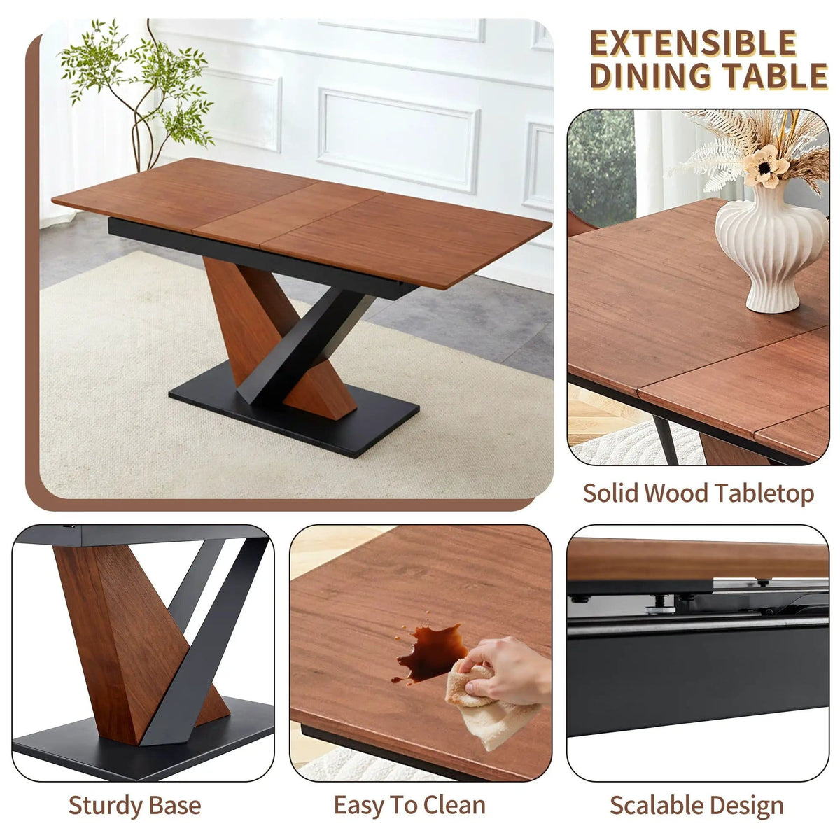 Dining Table, Scratch Resistant, Cross Geometric Legs For Kitchen & Dining Room Dark | 70.89 x 33.5 x 29.3 in | Walnut & Metal | Walnut