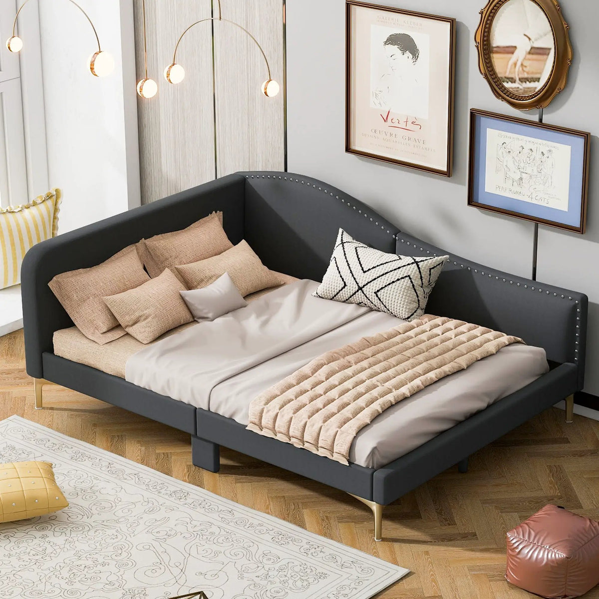 Upholstered Daybed | Headboard And Armrest | Support Legs | 80.5 Inch Length