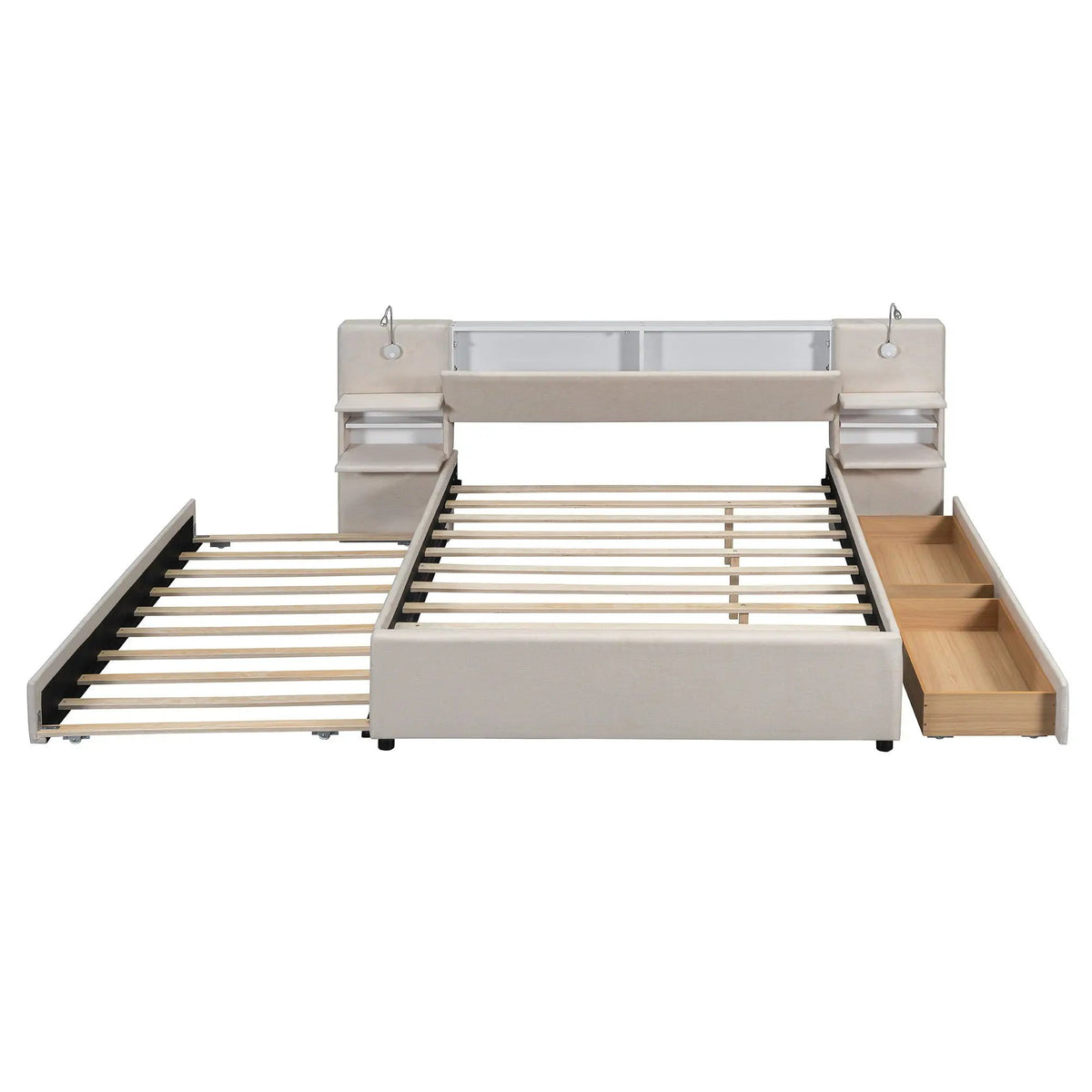 Upholstered Platform Bed | Reading Lights | Drawers And Trundle | Storage Shelves
