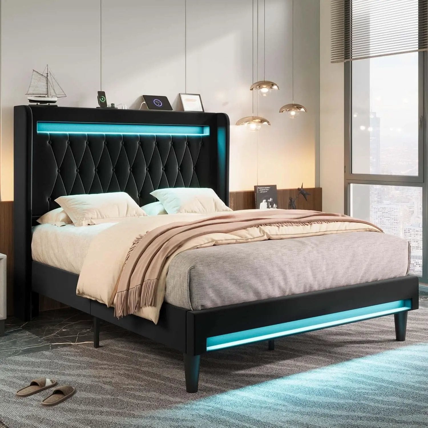 Full Size Bed Frame LED Lighting And USB Charging Black from PriceLows™